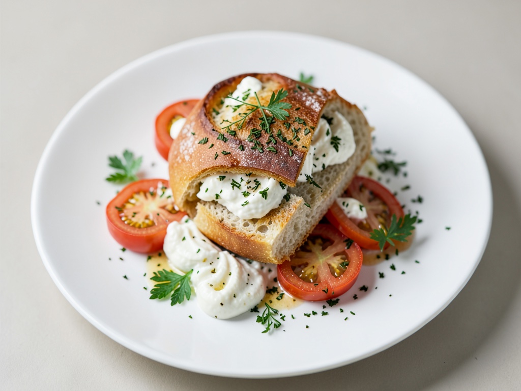 Brötchen mit saurer Sahne, Tomaten, Radieschen und Rauke