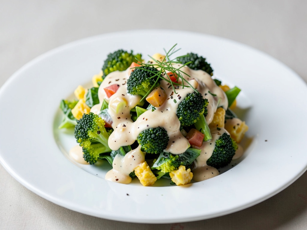 Insalata di broccoli e uova con condimento allo yogurt alle noci