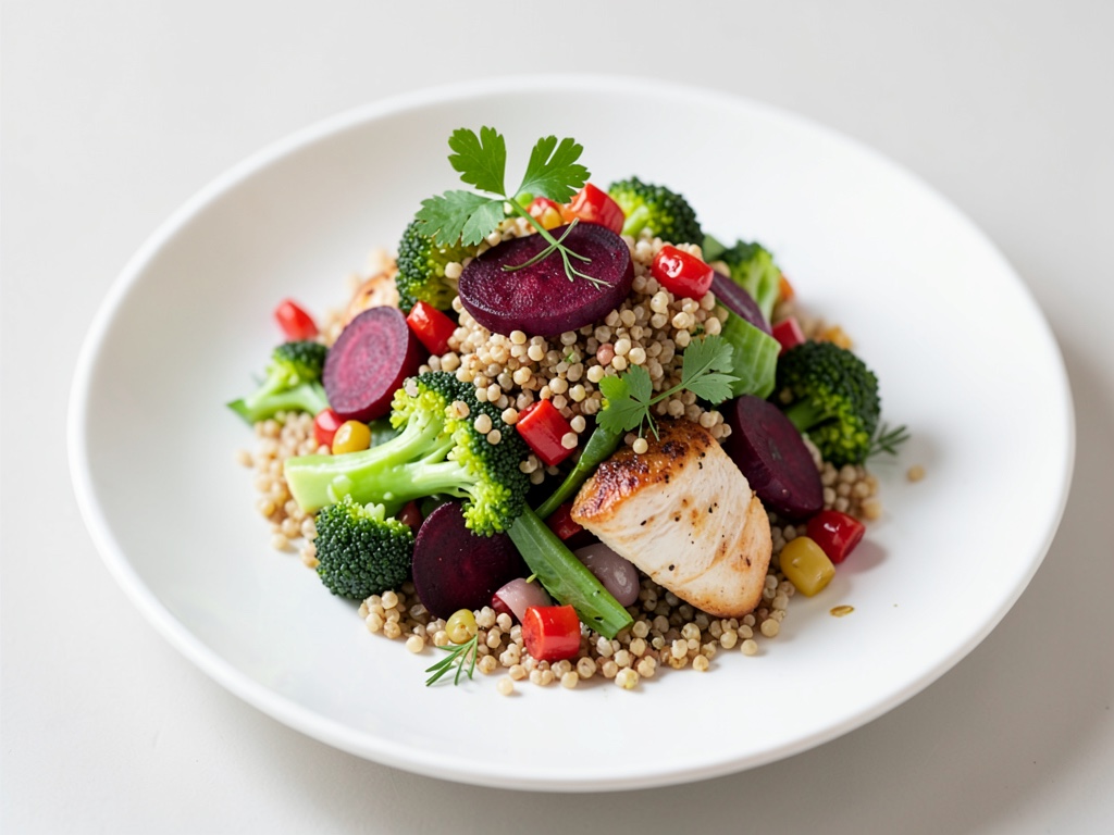 Insalata colorata di quinoa, broccoli, barbabietola rossa e pollo