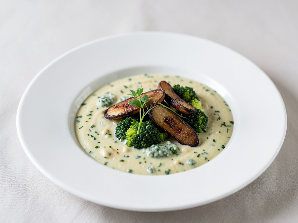 Zuppa cremosa di broccoli con funghi ostrica croccanti