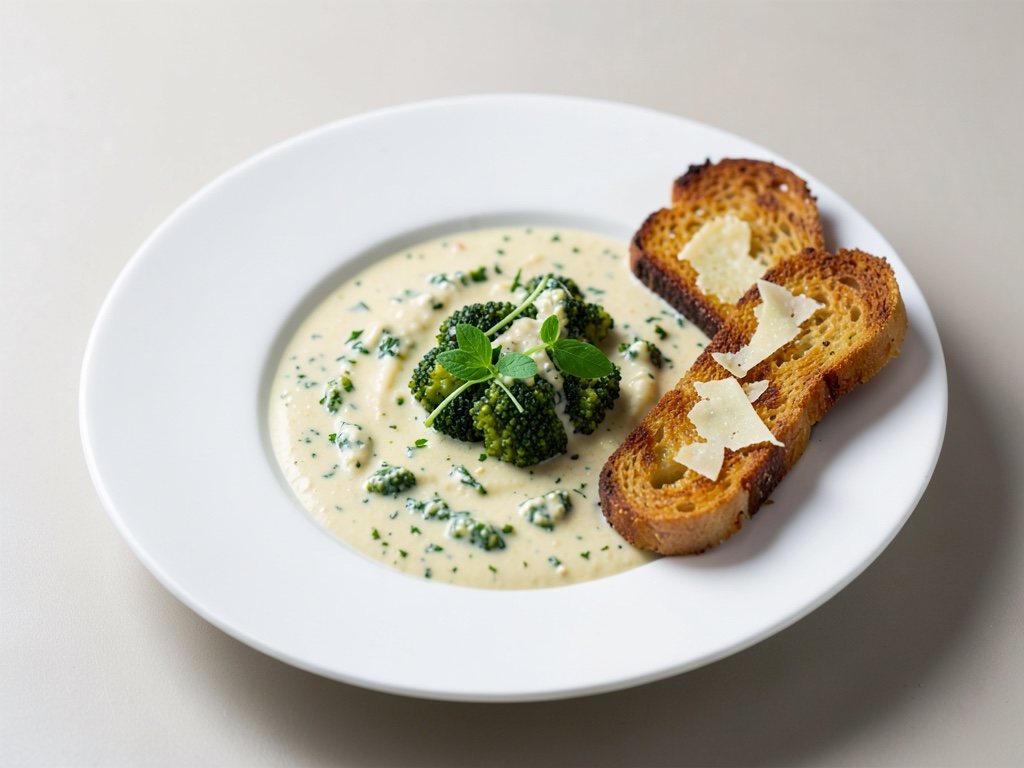 Zuppa cremosa di broccoli con crostini di formaggio croccanti