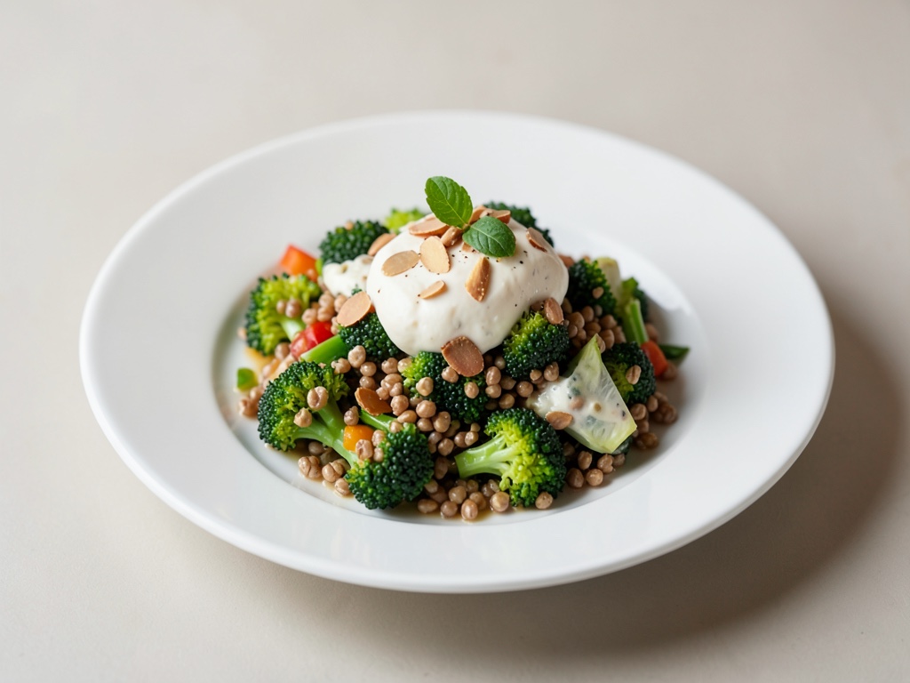 Insalata di grano saraceno e broccoli con crema di mandorle