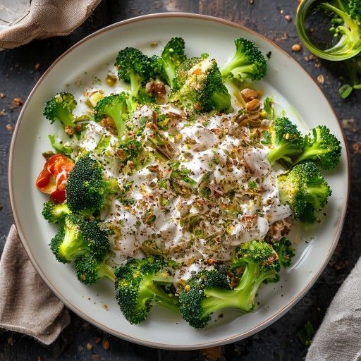 Insalata di broccoli croccante con condimento allo yogurt alle nocciole