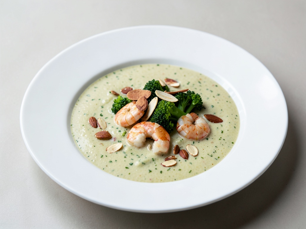 Zuppa cremosa di broccoli con gamberi e mandole tostate