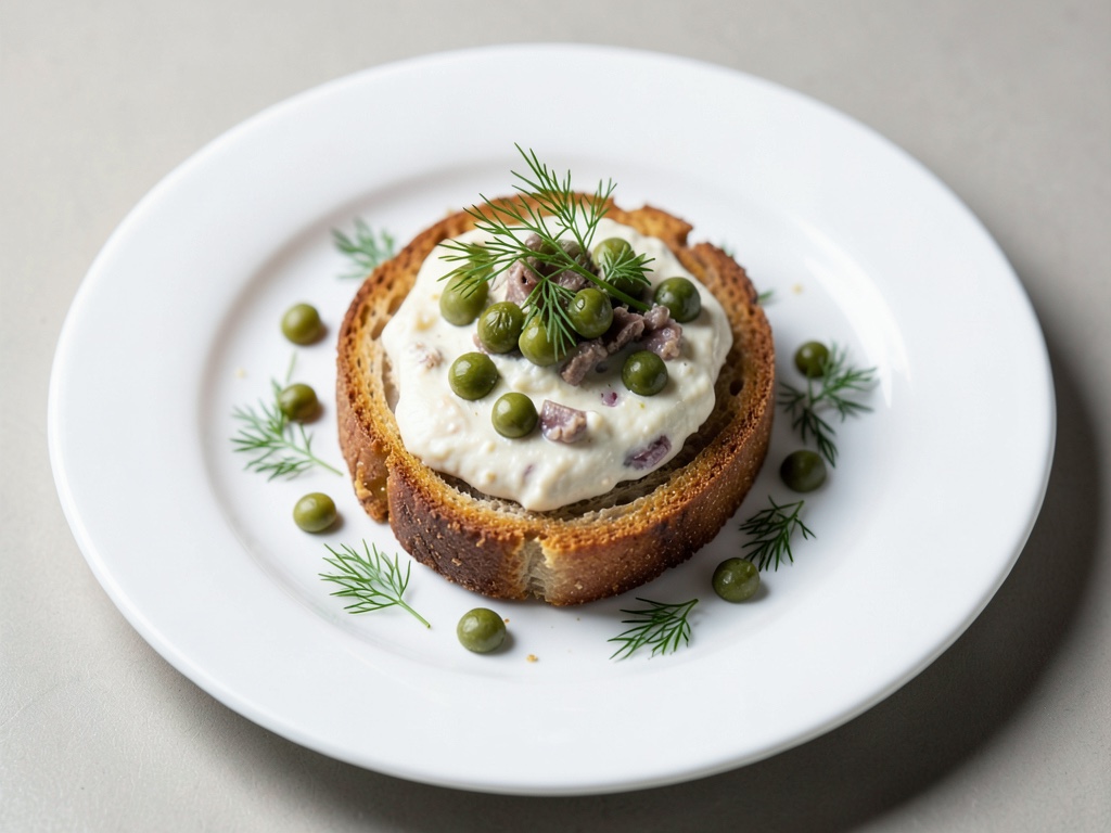 Toast croustillant à la crème de sardines, câpres et aneth