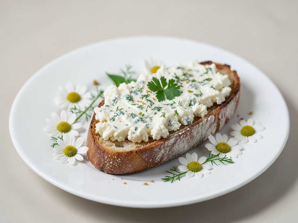Baguette con crema cremosa de queso cottage y ajo de oso y margaritas