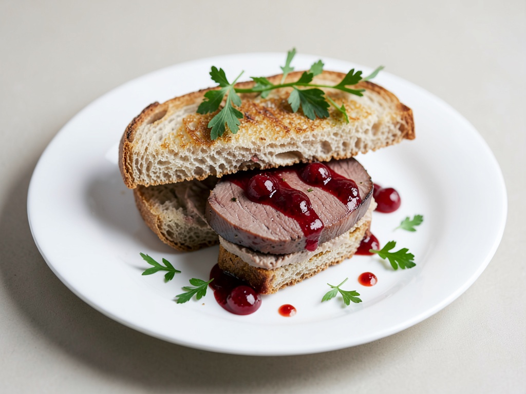 Sandwich ouvert au filet de chevreuil, glace de canneberges et pâté