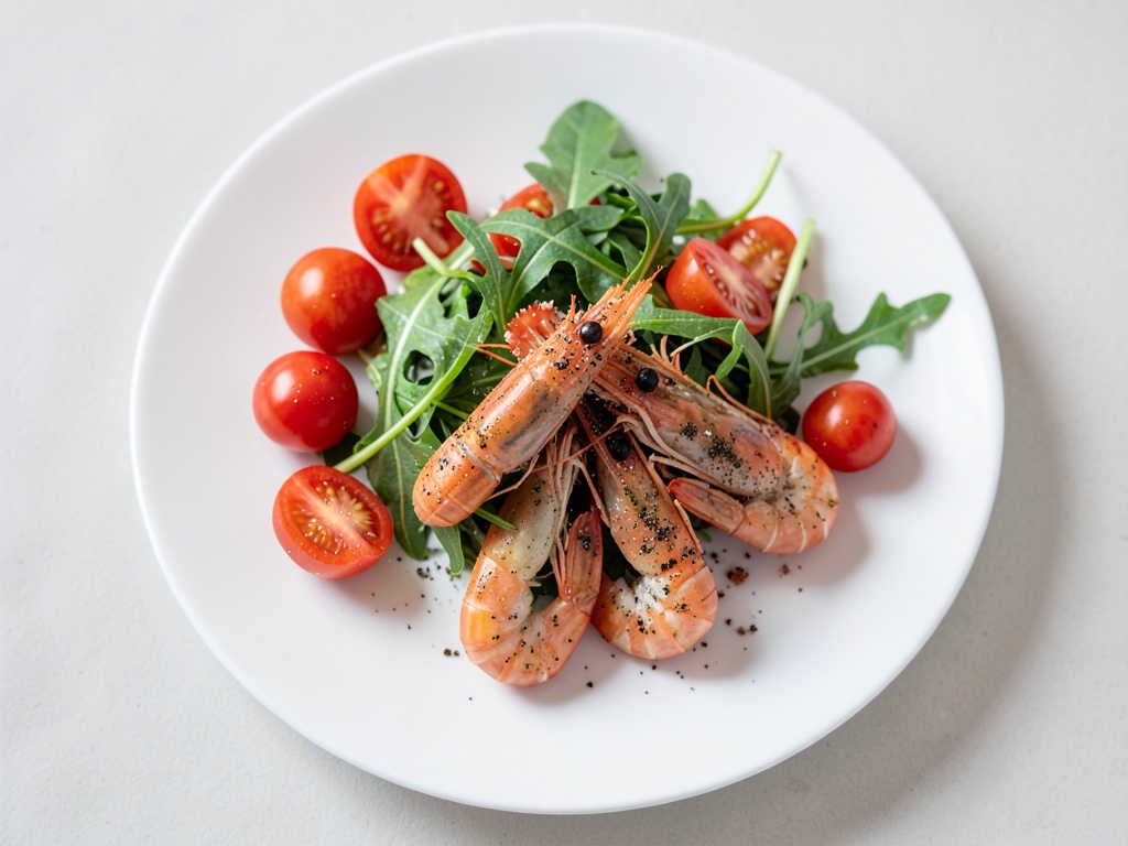 Salade de pain croustillante aux crevettes et roquette