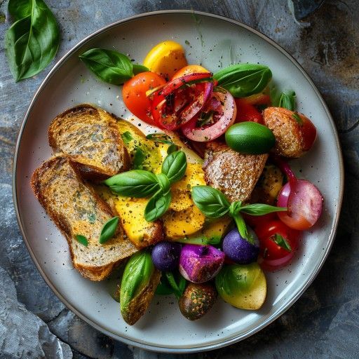 Insalata di pane e verdure colorate con basilico fresco