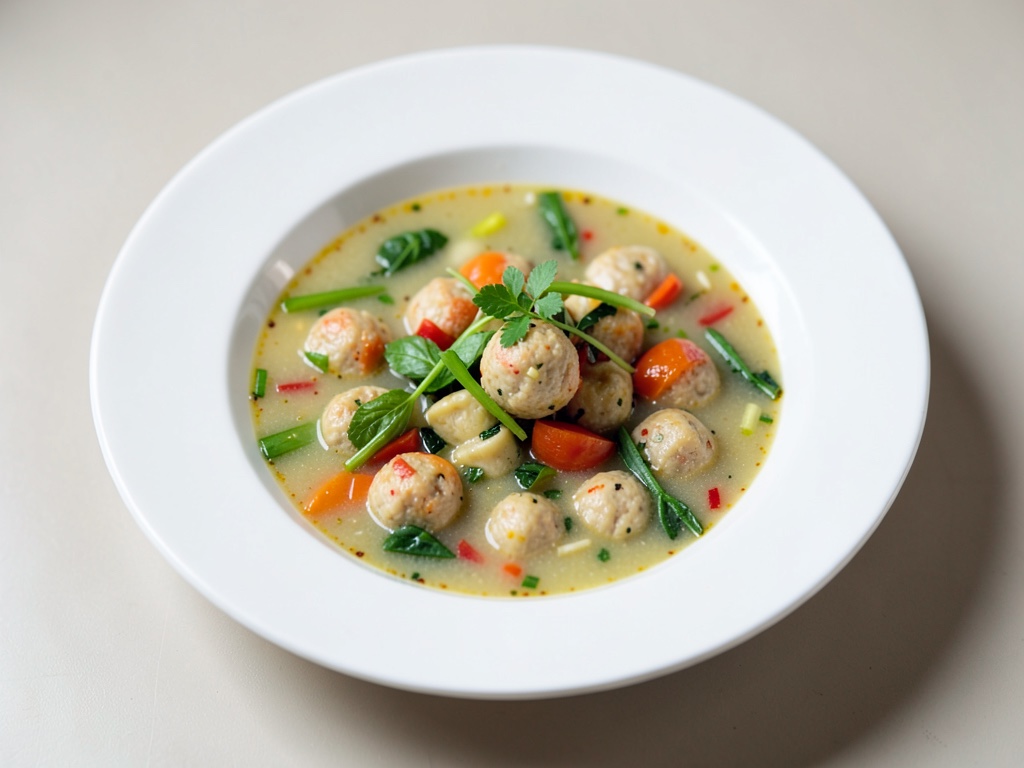 Zuppa colorata di polpette di pesce con verdure fresche