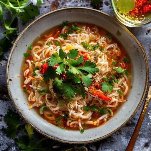 Zuppa di noodles di riso piccanti con decorazione di coriandolo fresco