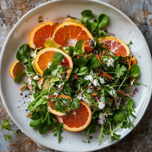 Insalata di crescione con arance, pompelmo e formaggio erborinato