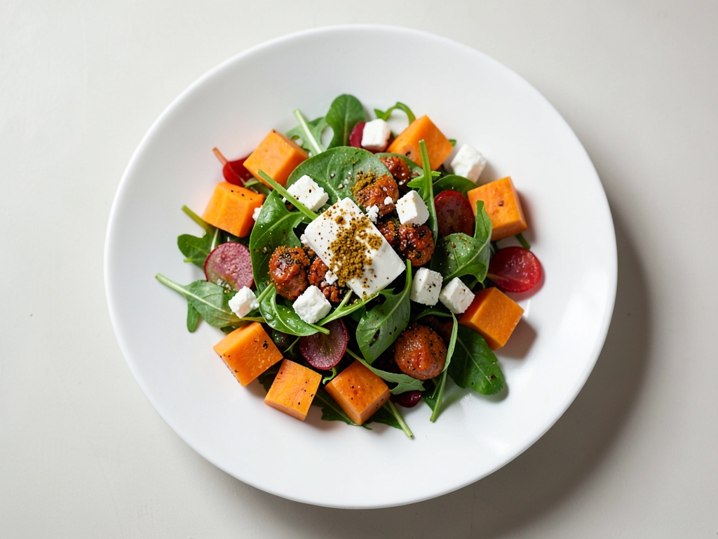 Insalata di patate dolci al forno con feta e crescione
