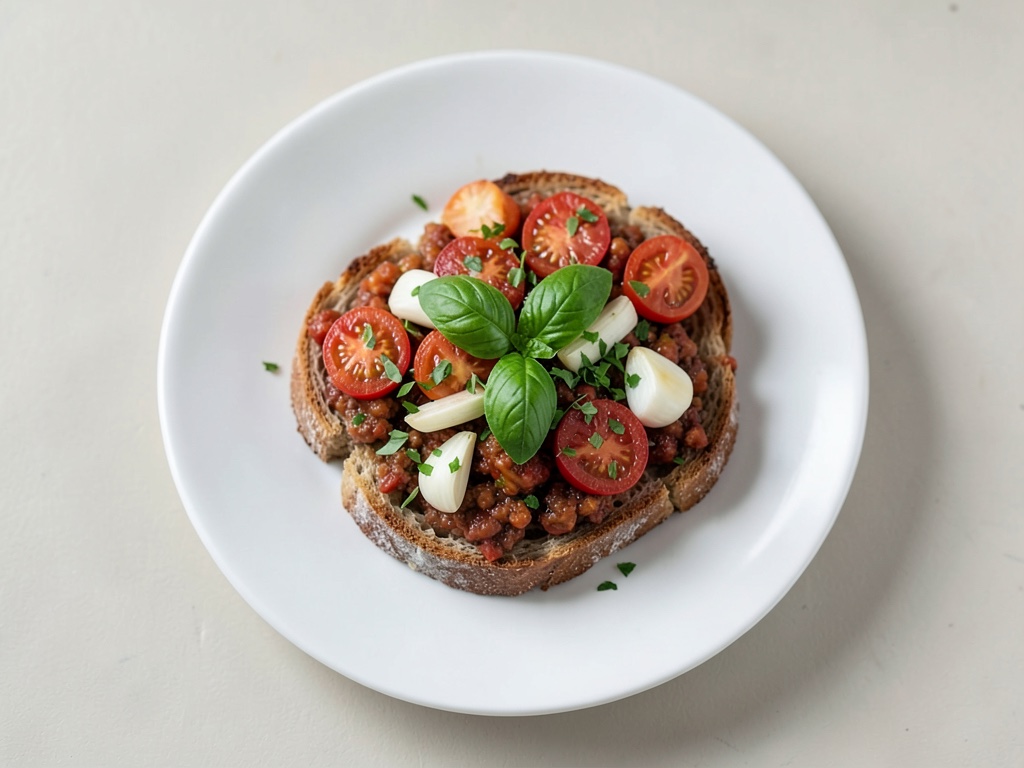 Bruschetta de ajo con mezcla de tomate y cebolla