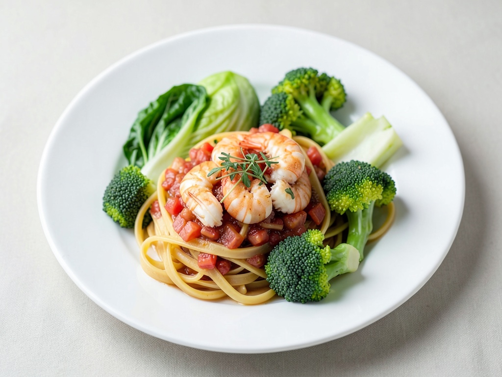 Fideos de alforfón con gambas, pak choi, brócoli y kimchi