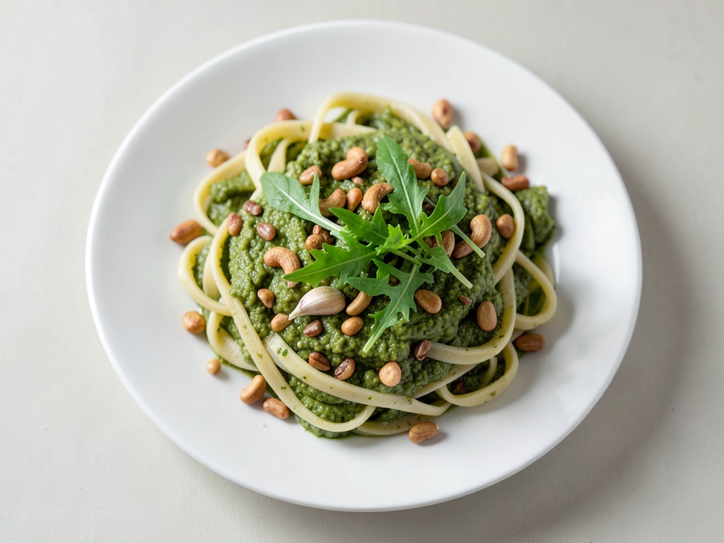 Pasta di grano saraceno con verdure e pesto al rucola e matcha