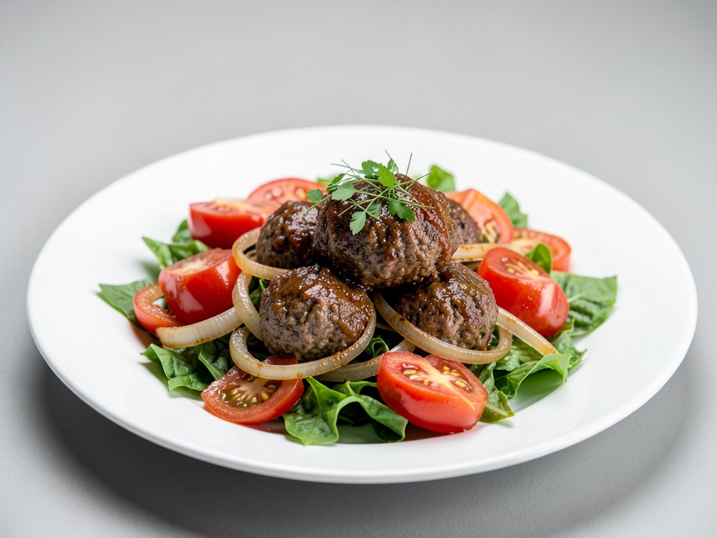 Polpette su un'insalata di cipolle e pomodori