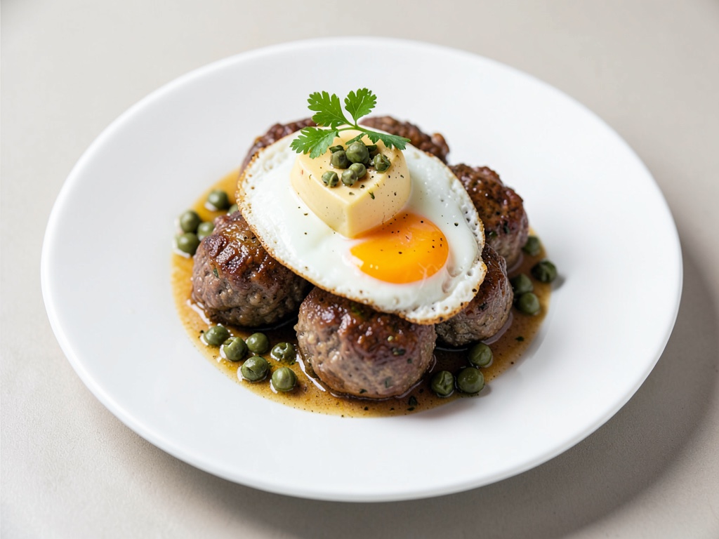 Albóndigas con huevo frito y mantequilla de alcaparras y anchoas