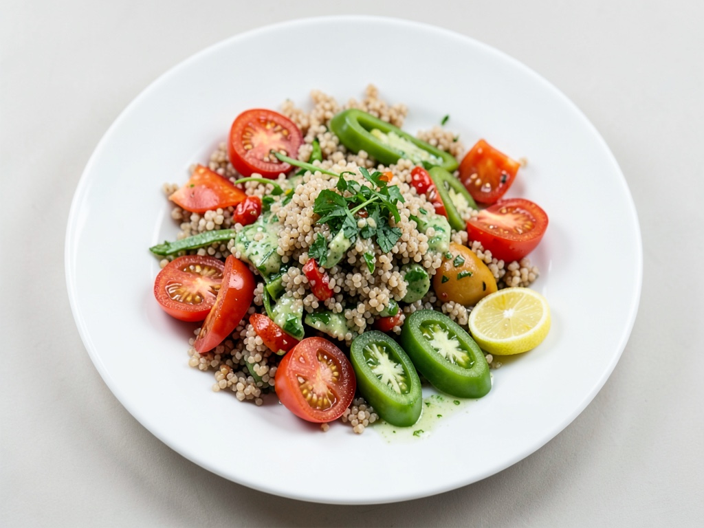 Insalata di bulgur con pomodori e condimento al limone e erbe