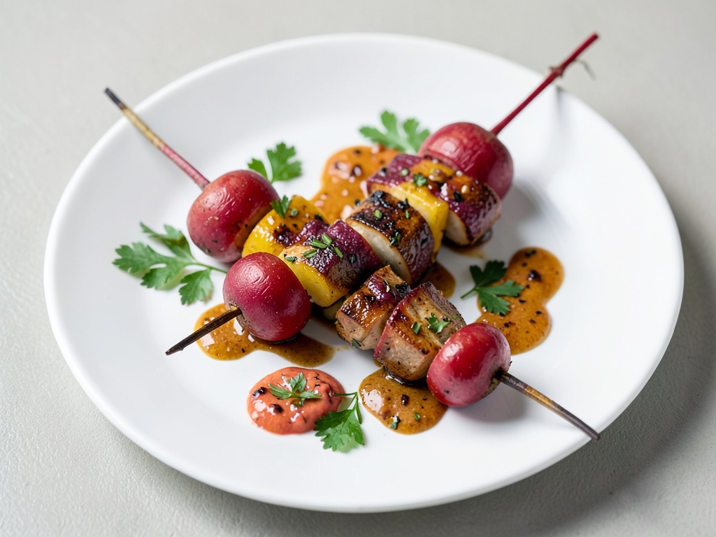 Brochettes grillées colorées au radis mariné