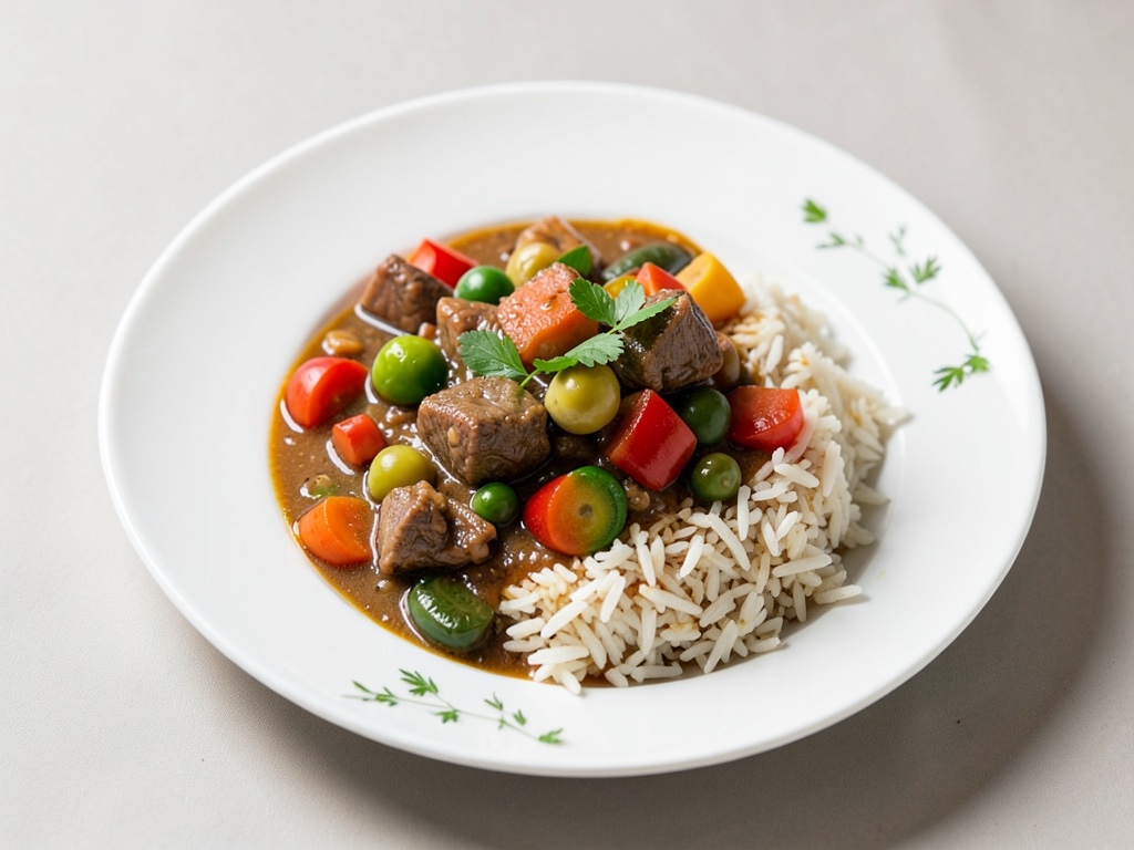 Estofado variado de carne y verduras con arroz
