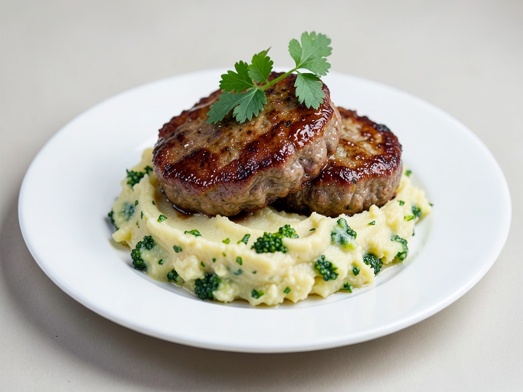 Boulettes de bœuf colorées avec purée crémeuse de pommes de terre et brocoli