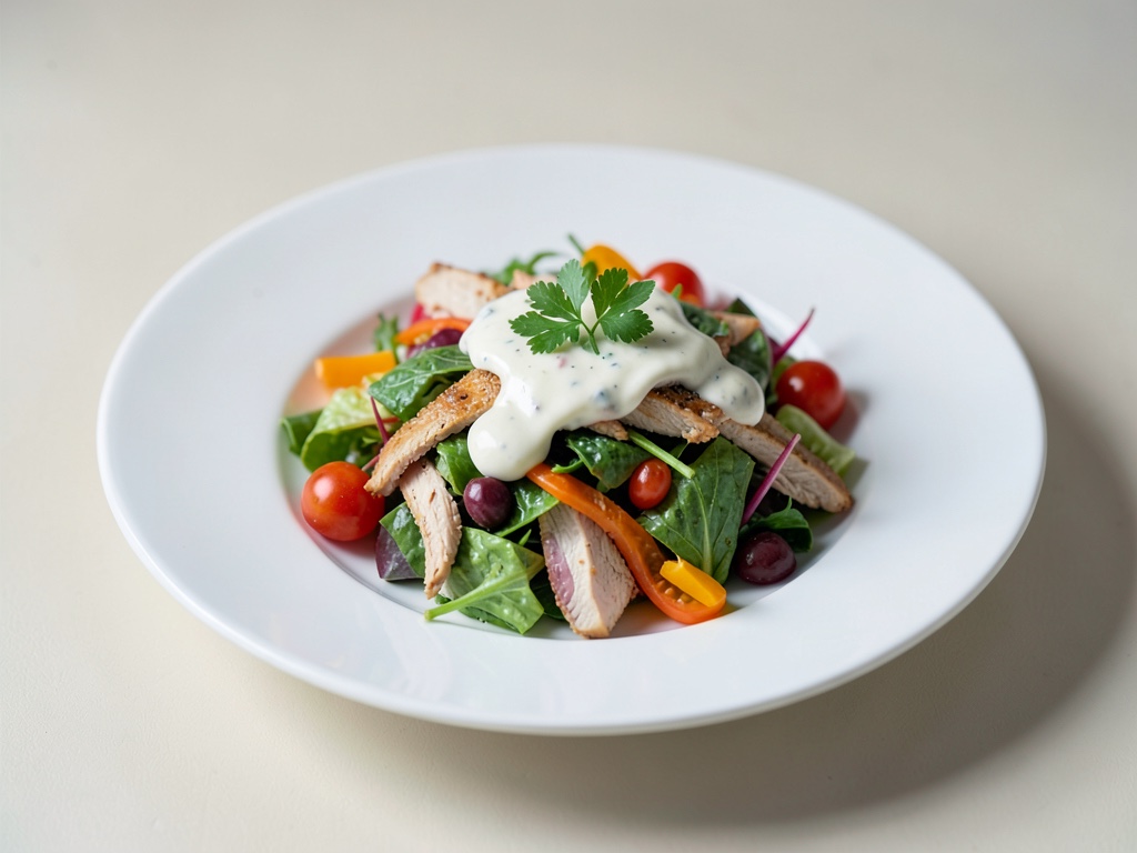 Insalata di pollo colorata con condimento allo yogurt
