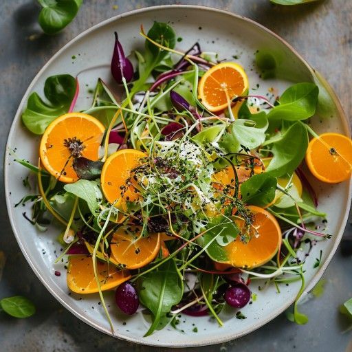 Salade composée aux oranges, germes et crème de gorgonzola