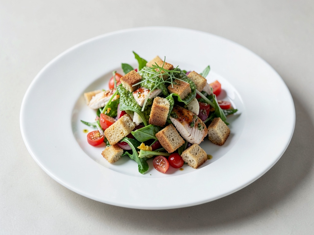 Salade de poulet colorée au pesto et aux croûtons grillés