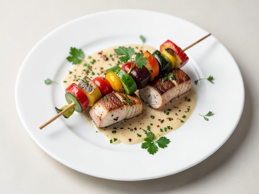 Brochettes de légumes colorées avec colin