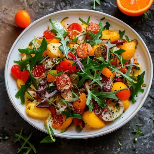 Insalata di patate colorate con pomodori secchi, rucola e olive