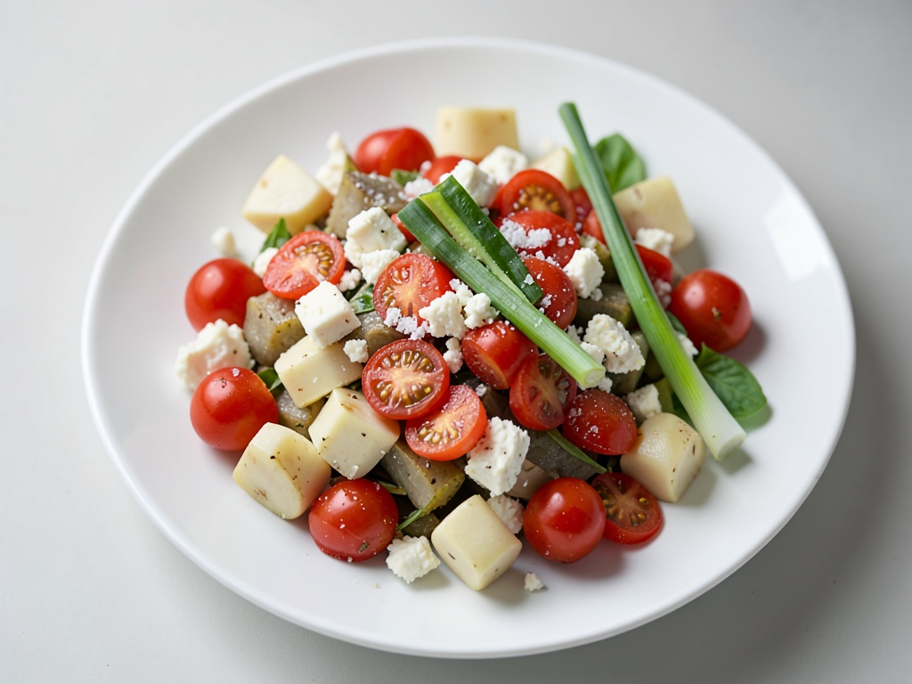 Insalata di patate colorata con peperoni, pomodori e formaggio di pecora