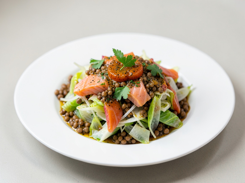 Salade de chou colorée au saumon et vinaigrette aux lentilles harissa
