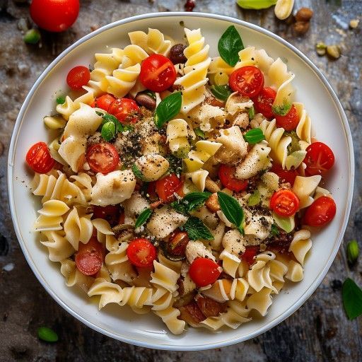 Bunter Nudelsalat mit Hühnerfleisch, Tomaten und Nüssen