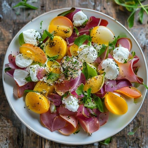 Insalata colorata con mozzarella di bufala, prosciutto e nettarine