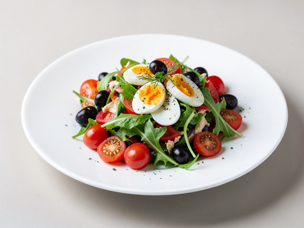 Insalata mista con uova, olive e pomodori