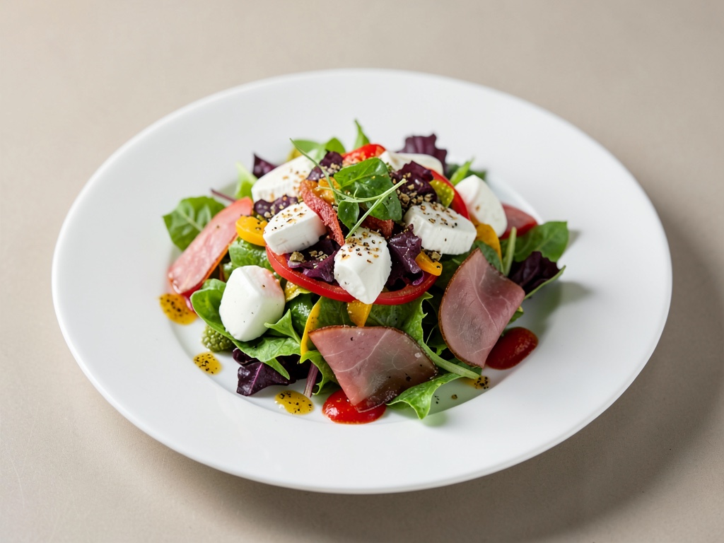 Insalata colorata con mozzarella e prosciutto