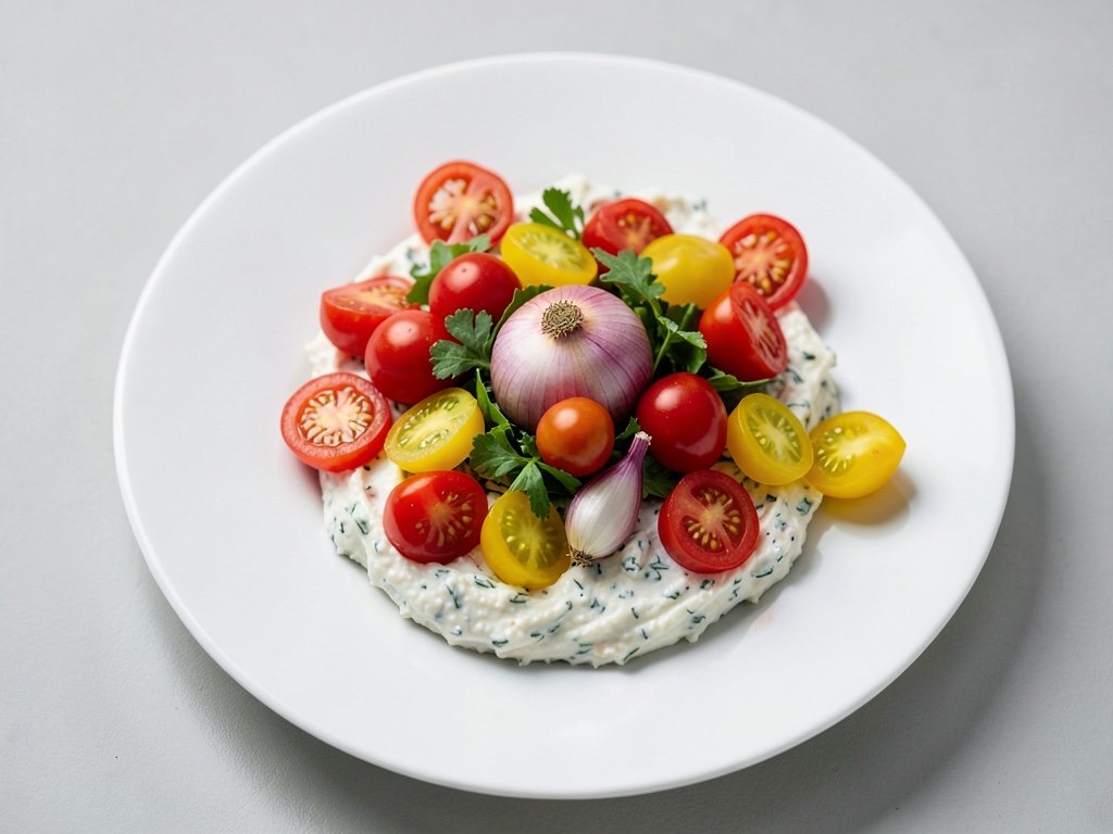 Insalata di pomodori colorati su ricotta granulosa