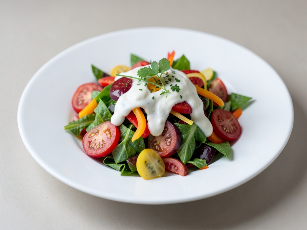 Ensalada de verduras variadas con aderezo de yogur