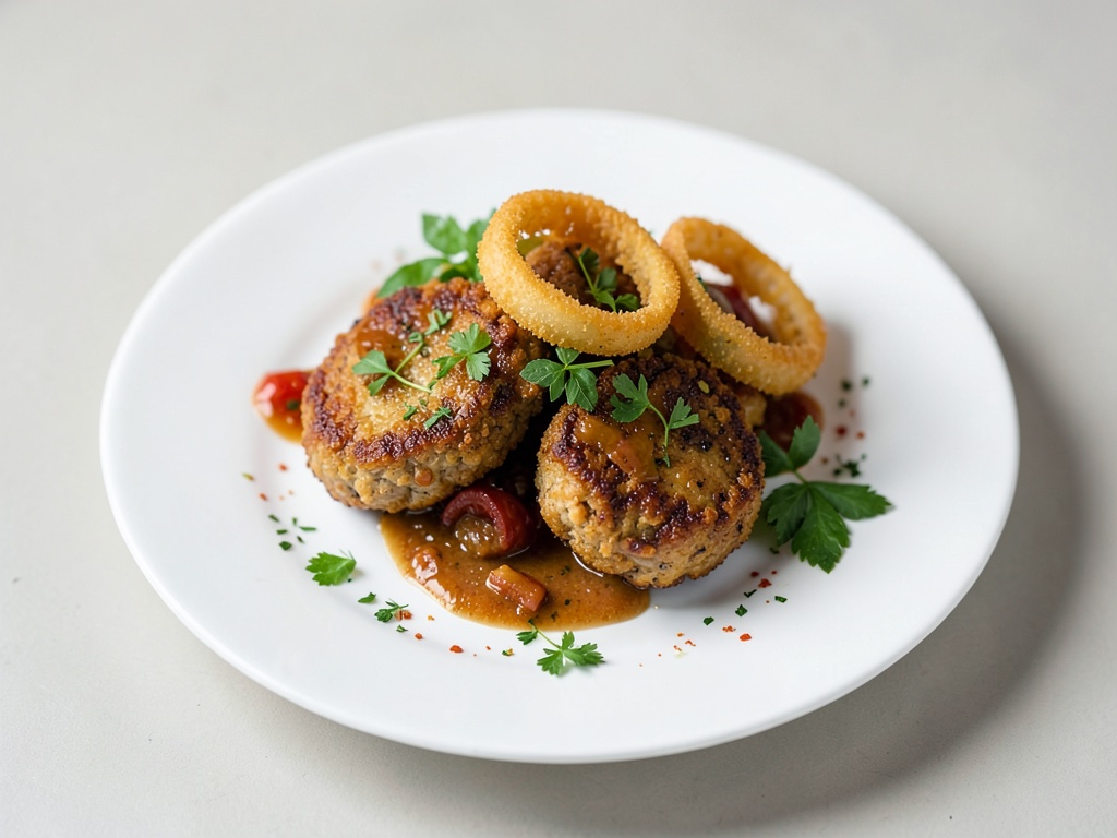 Hamburger croccanti al pollo con anelli di cipolla fritti