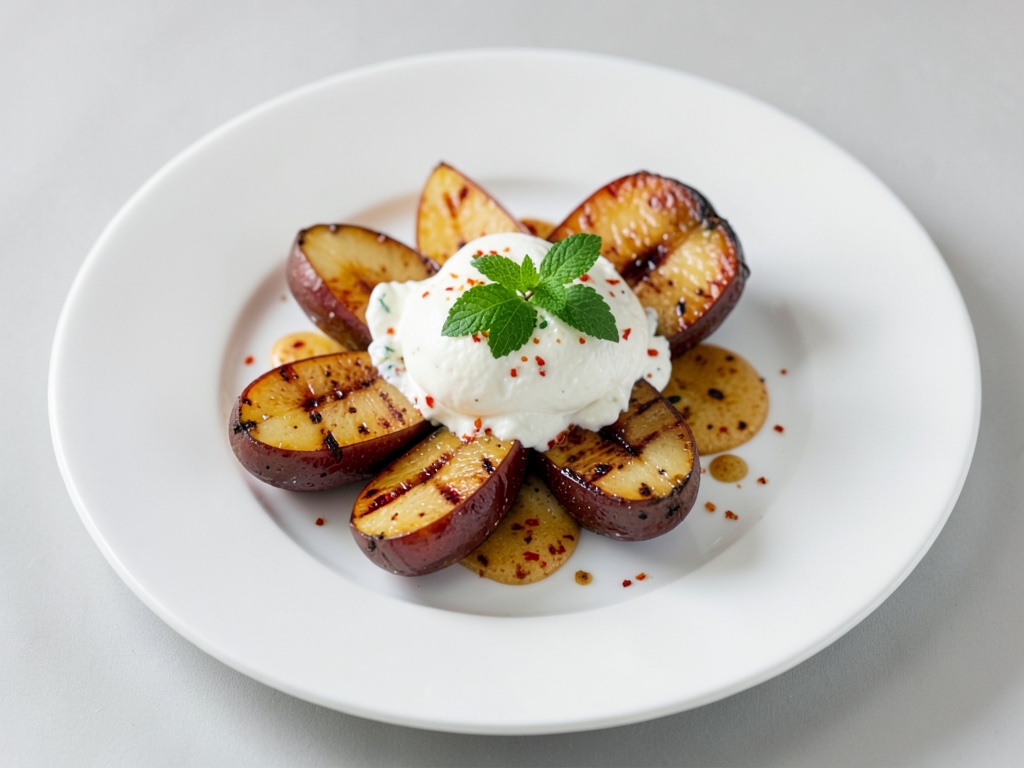 Nectarine alla griglia con Burrata e condimento al peperoncino e menta