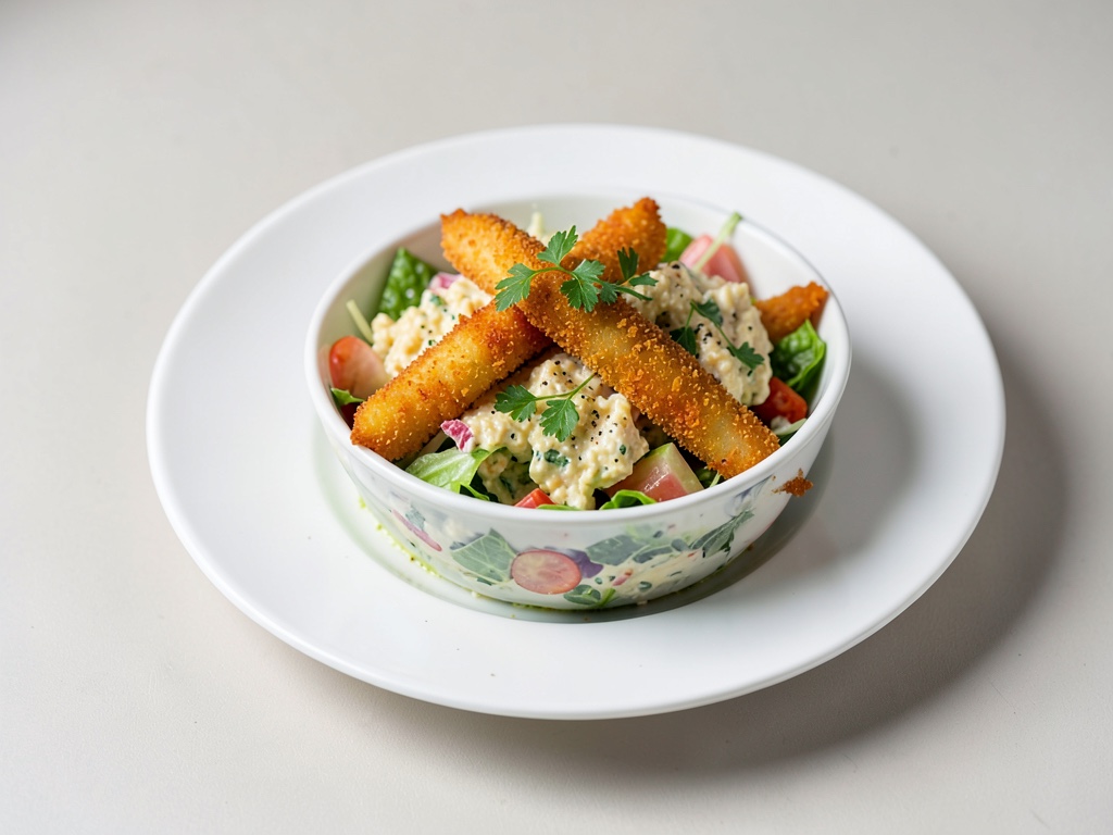 Ciotola di insalata Caesar con bastoncini di pesce impanati
