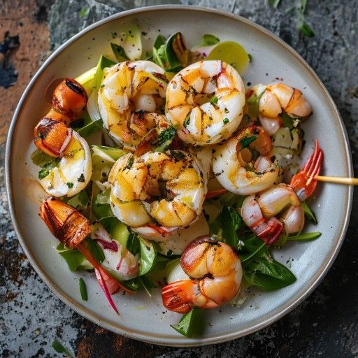 Insalata Caesar con spiedini di gamberi e capesante alla griglia