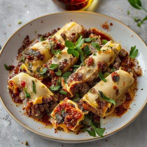 Cannelloni di carne macinata di manzo succulenti con salsa di pomodoro