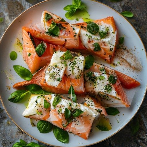 Filetto di salmone ripieno di pasta alle erbe e insalata Caprese