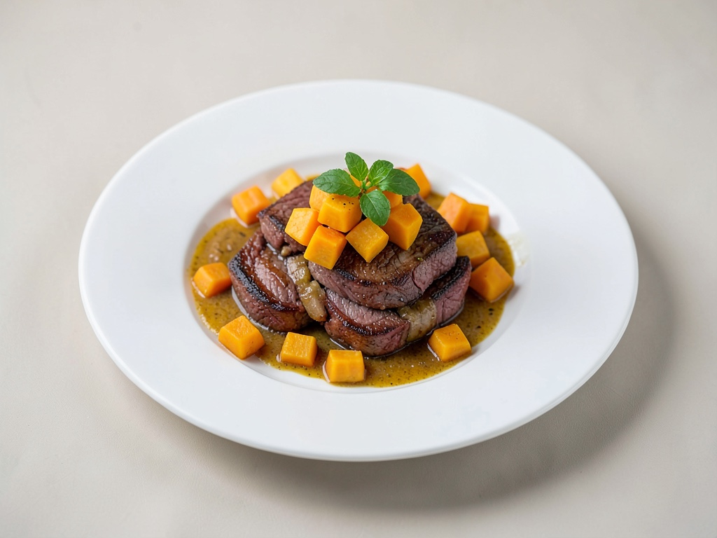 Bistec di manzo sottilissimo con zucca a cubetti