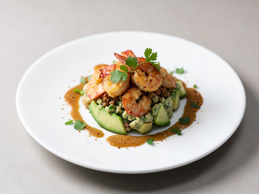 Ceviche de gambas crujiente con aguacate