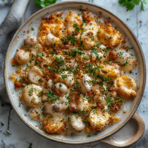 Gratin crémeux aux champignons et haricots verts avec croûte croustillante