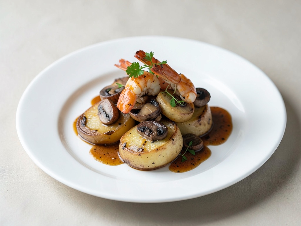 Sartén de setas y patatas con gambas
