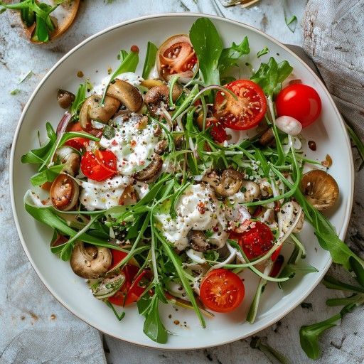 Insalata fresca di funghi champignon, pomodori e porro